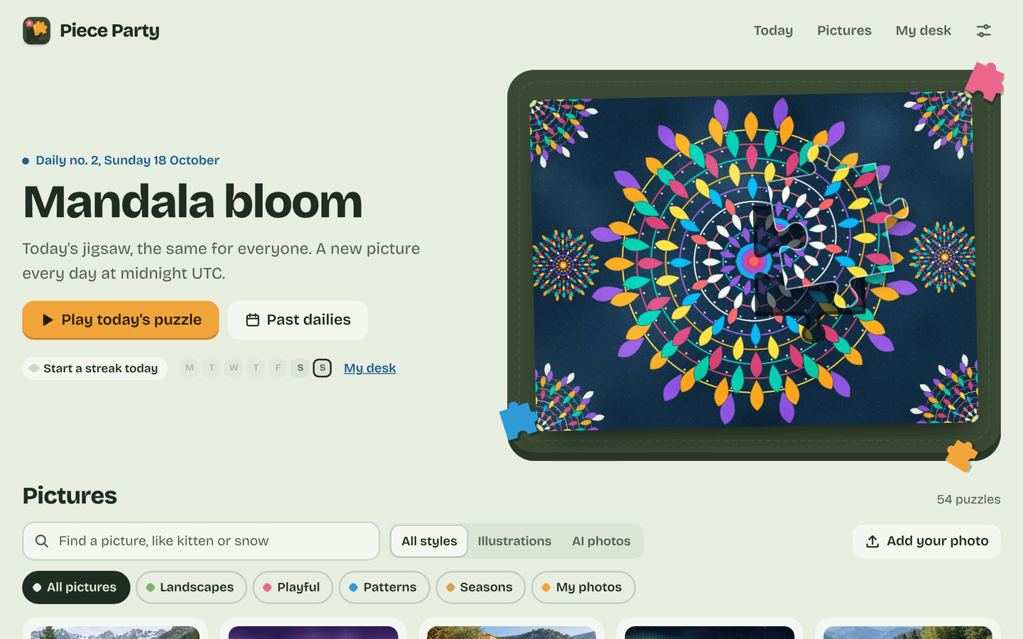 Piece Party in a browser: today's jigsaw on a felt table, a streak tracker and the picture gallery.