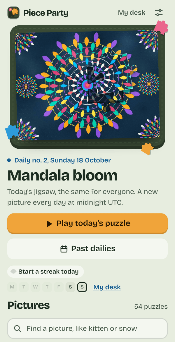 Piece Party on a phone: today's jigsaw, a colourful mandala, with a Play button.