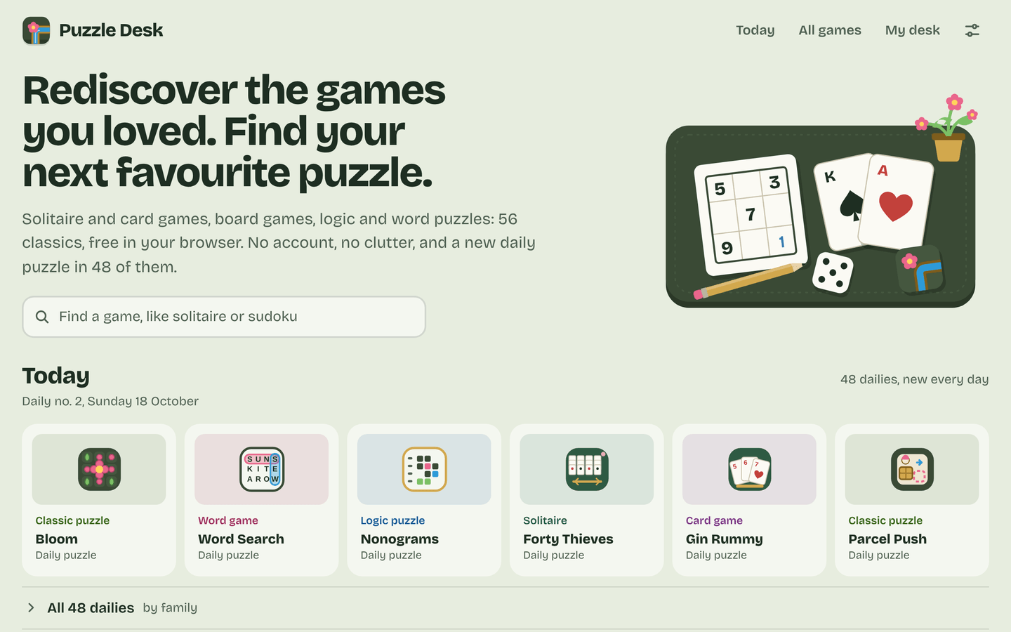 Puzzle Desk in a browser: the home page with a grid of today's daily puzzles.