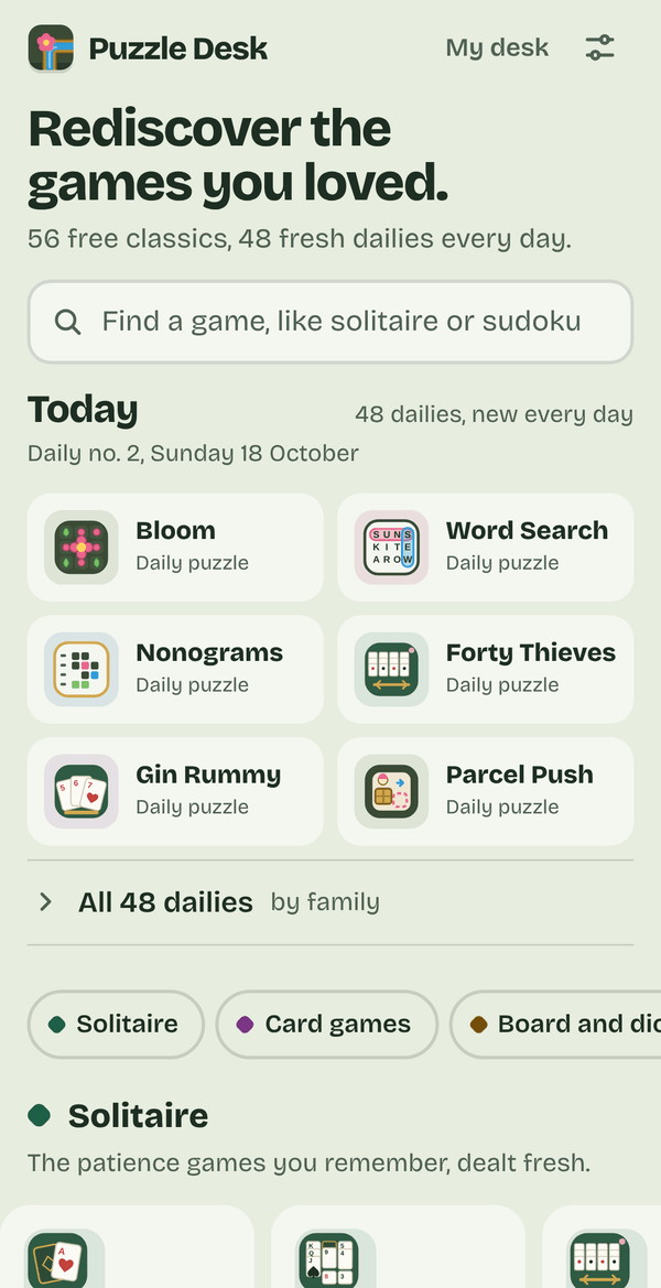 Puzzle Desk on a phone: the home page with today's puzzles, from Klondike solitaire to Sudoku.