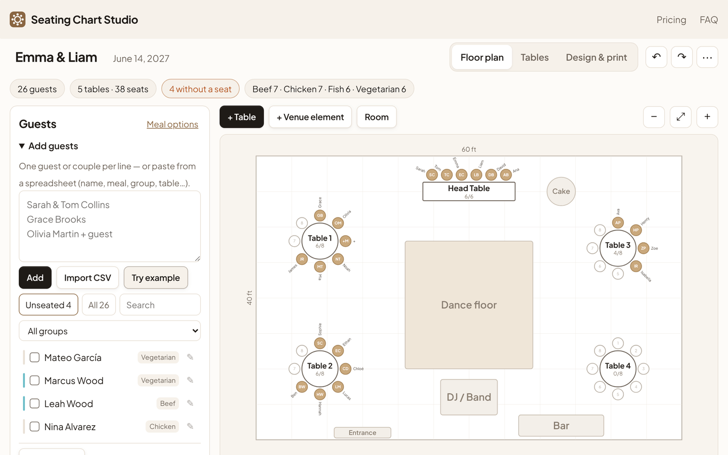 Seating Chart Studio in a browser: a wedding floor plan with a head table, round tables with guests in their seats, a dance floor and a bar.