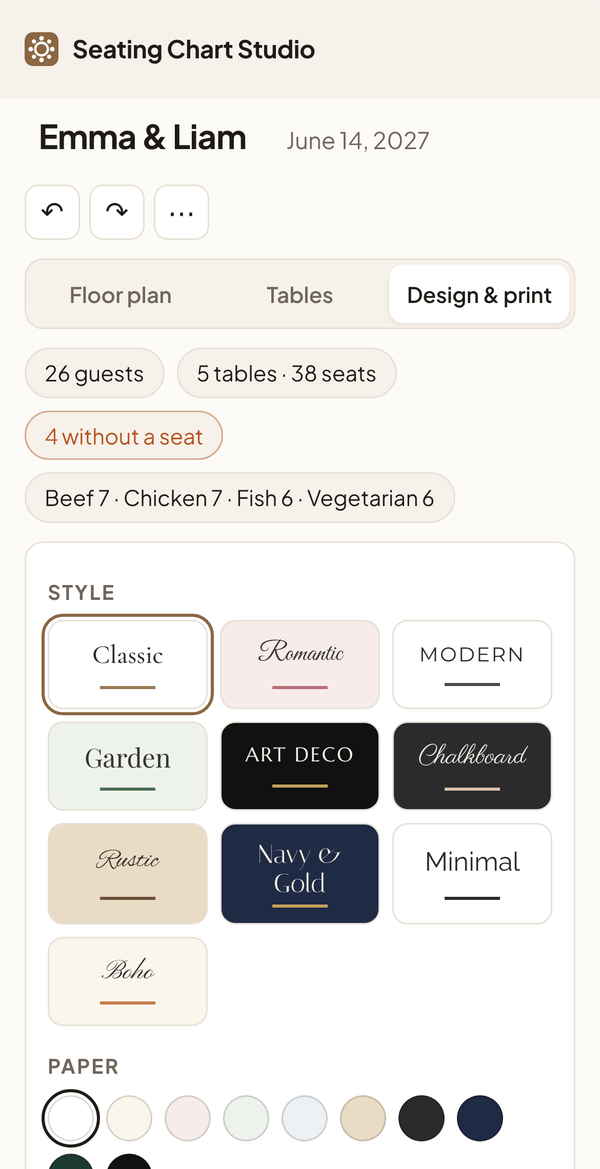 Seating Chart Studio on a phone: choosing a style for the print files, from Classic to Navy and Gold.